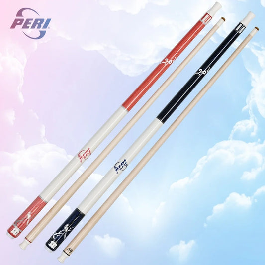 Three pool cues with different color and design accents on a sky background