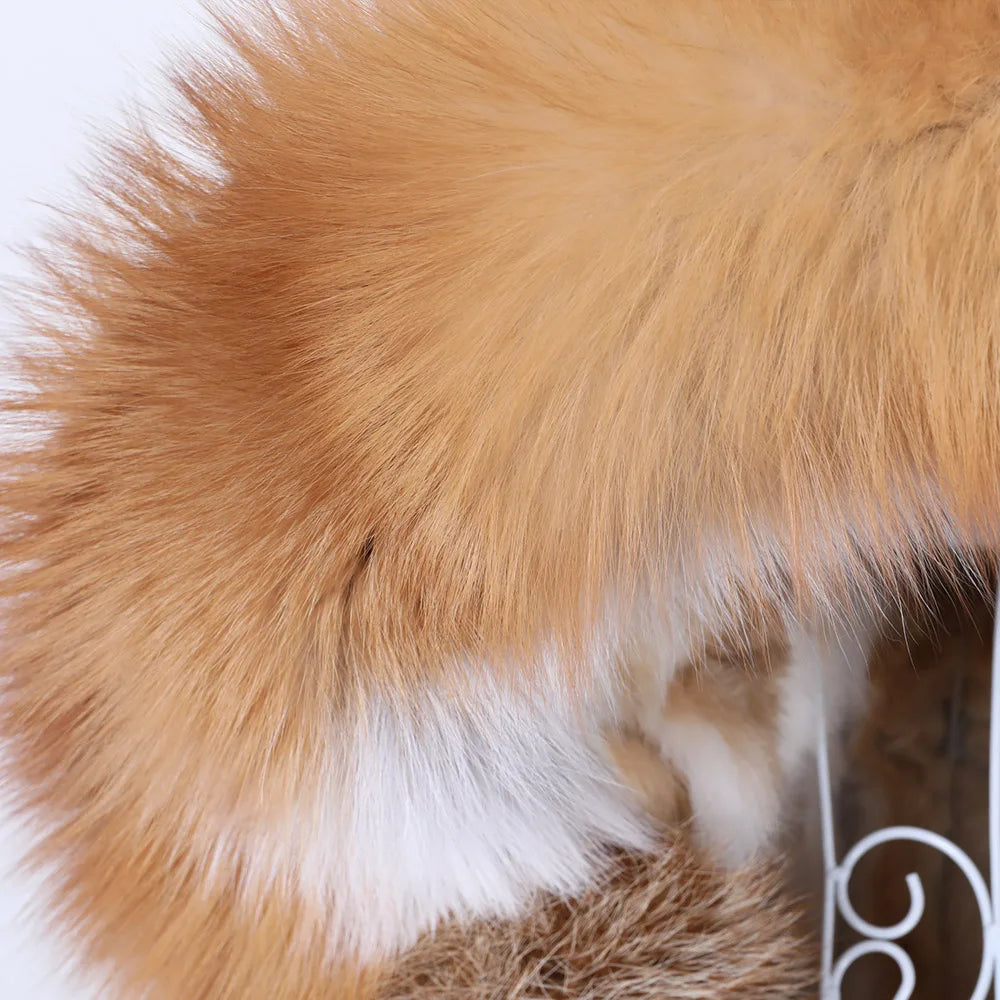 MAOMAOKONG 2023 Abnehmbarer Echtfuchs Pelzkragen Mäntel Damen Winterjacke Kapuze Kaninchenfellfutter Lange Parkas Damenbekleidung