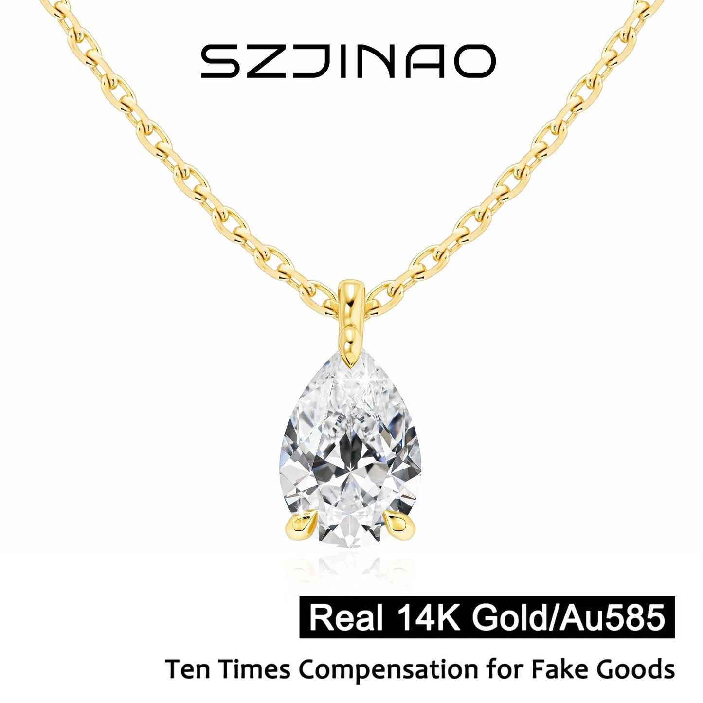 Gold necklace with a clear teardrop pendant on a white background, featuring the brand 'SZJINAO'.