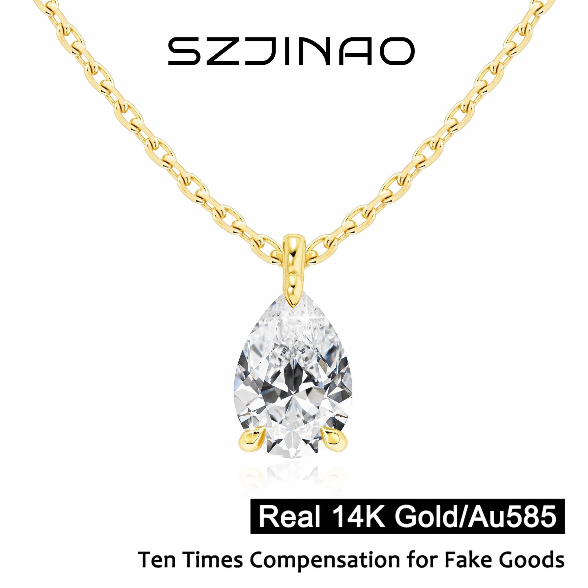 Gold necklace with a clear teardrop pendant on a white background, featuring the brand 'SZJINAO'.