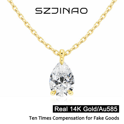 Gold necklace with a clear teardrop pendant on a white background, featuring the brand 'SZJINAO'.