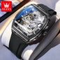 Luxury watch with transparent case, OLEVS branding visible