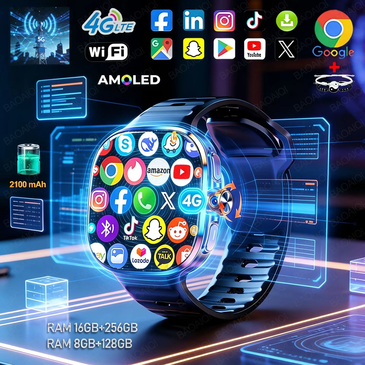 5G Smart Watch AMOLED 2.4" 32GB Google Play GPS SIM