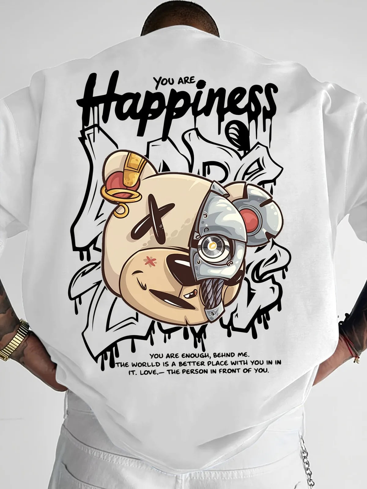 2025 New Men's Personalized Graffiti Bear Letter Printed Breathable and Comfortable Round Neck T-shirt Outdoor High Street Top