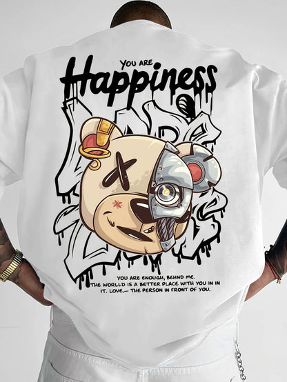 2025 New Men's Personalized Graffiti Bear Letter Printed Breathable and Comfortable Round Neck T-shirt Outdoor High Street Top
