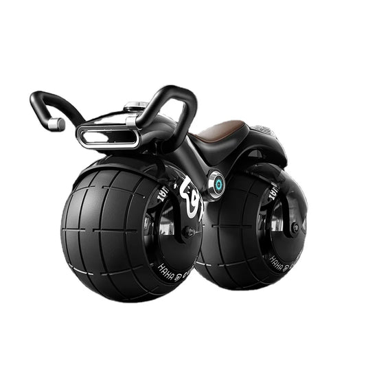 Black children's motorcycle toy with large wheels on a white background