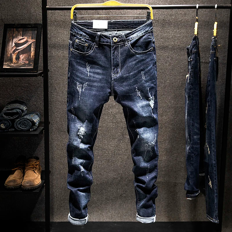2025 Neue Ripped Jeans Herren Slim-Fit Denim-Hosen Baumwolle Koreanischer Stil Mode Elastisch Vielseitig Blau Schwarz Herrenbekleidung