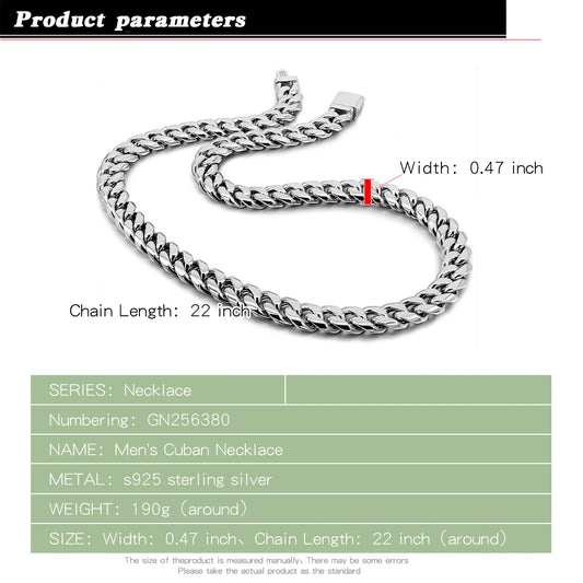 12mm Curb Cuban Chain Necklaces 925 Sterling Silver Link Chain Solid Silver
