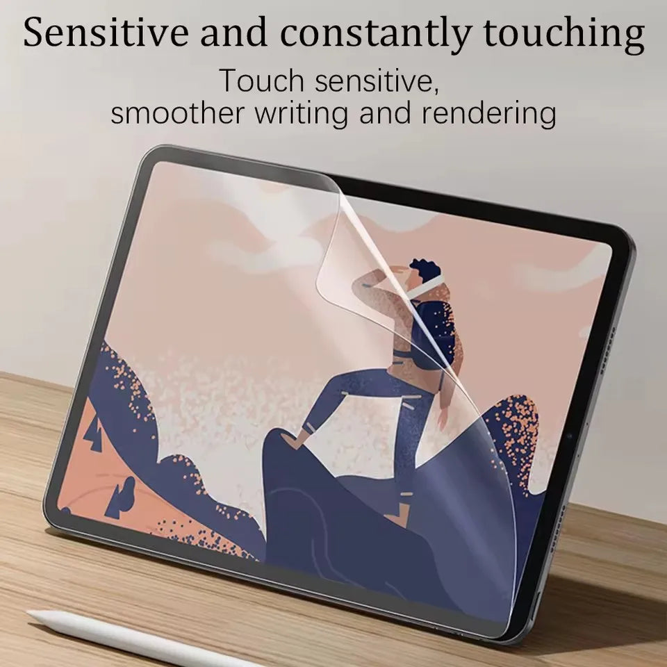 Tablet with a clear screen protector on a wooden surface, with text about touch sensitivity.