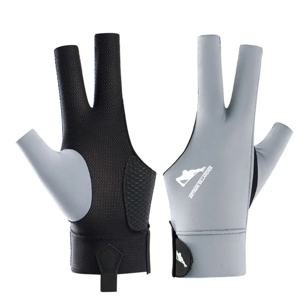 Black and gray billiard gloves with a brand logo on a white background