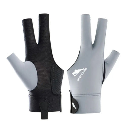 Black and gray billiard gloves with a brand logo on a white background