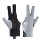 Black and gray billiard gloves with a brand logo on a white background
