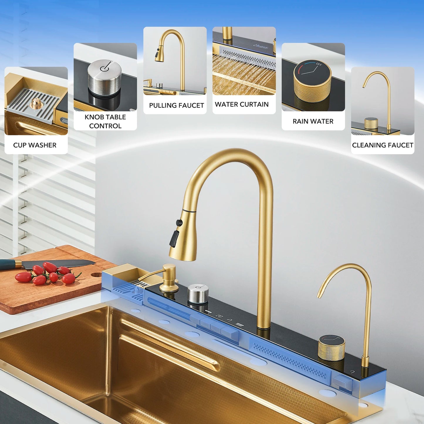 Gold kitchen faucet with various features highlighted on a blue gradient background