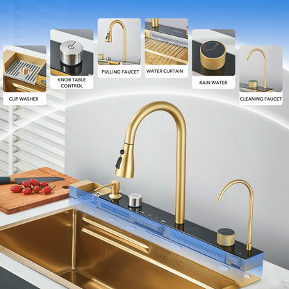 Gold kitchen faucet with various features highlighted on a blue gradient background