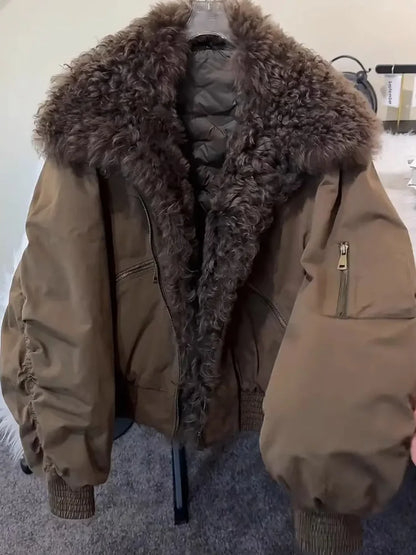 American Thiened Cotton Jacket Women's Loose Workwear Coat with Large Fur Collar Winter
