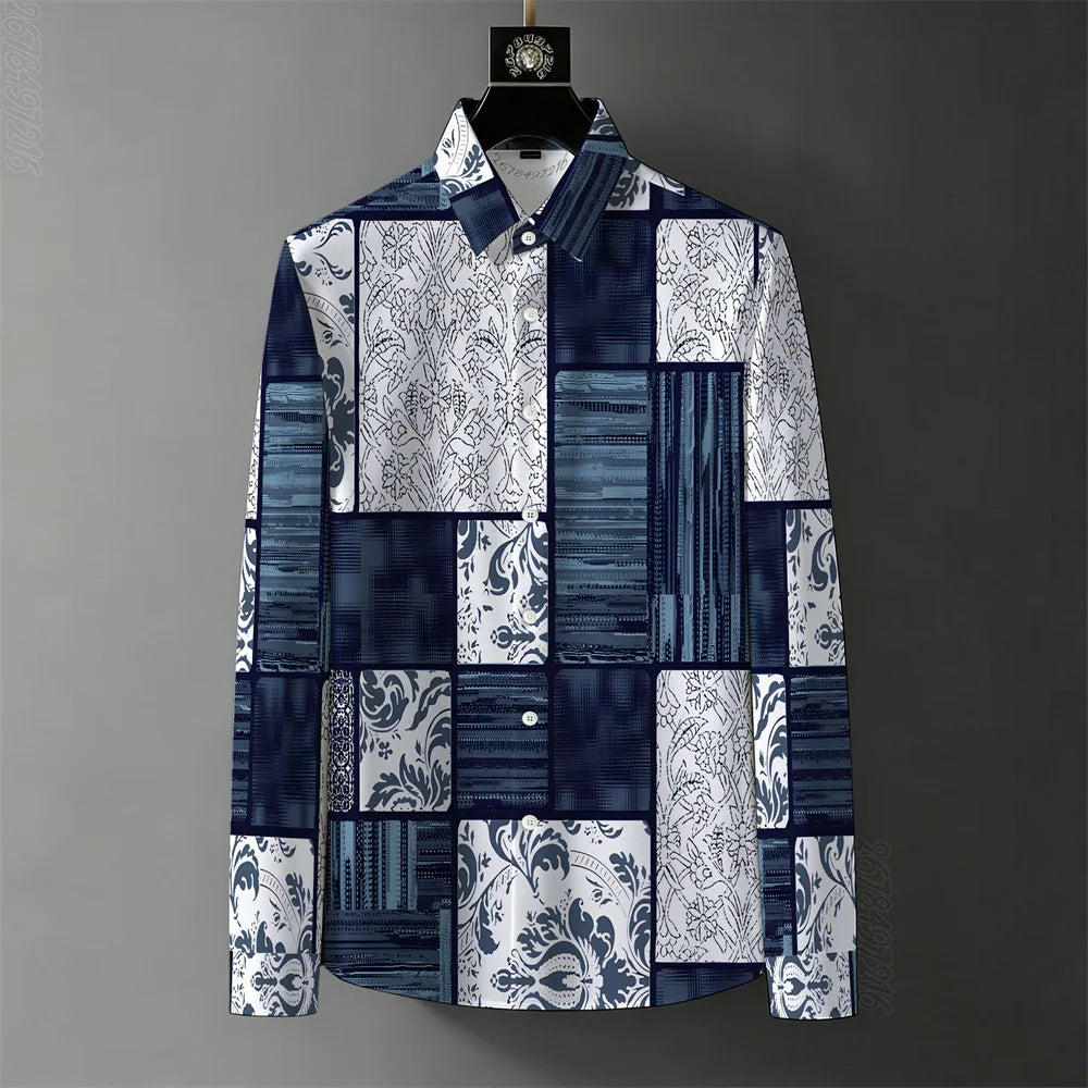 Patchwork shirt with blue and white patterns on a gray background