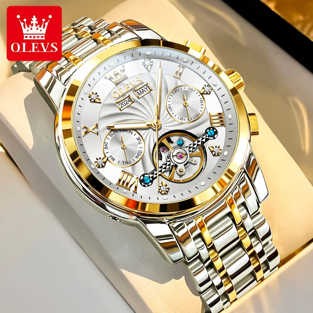 OLEVS Luxuriöse automatische mechanische Uhren für Herren, Skelett-Unruh-Kalender-Woche, Business-Herrenuhr, ausgehöhlte Herrenuhren