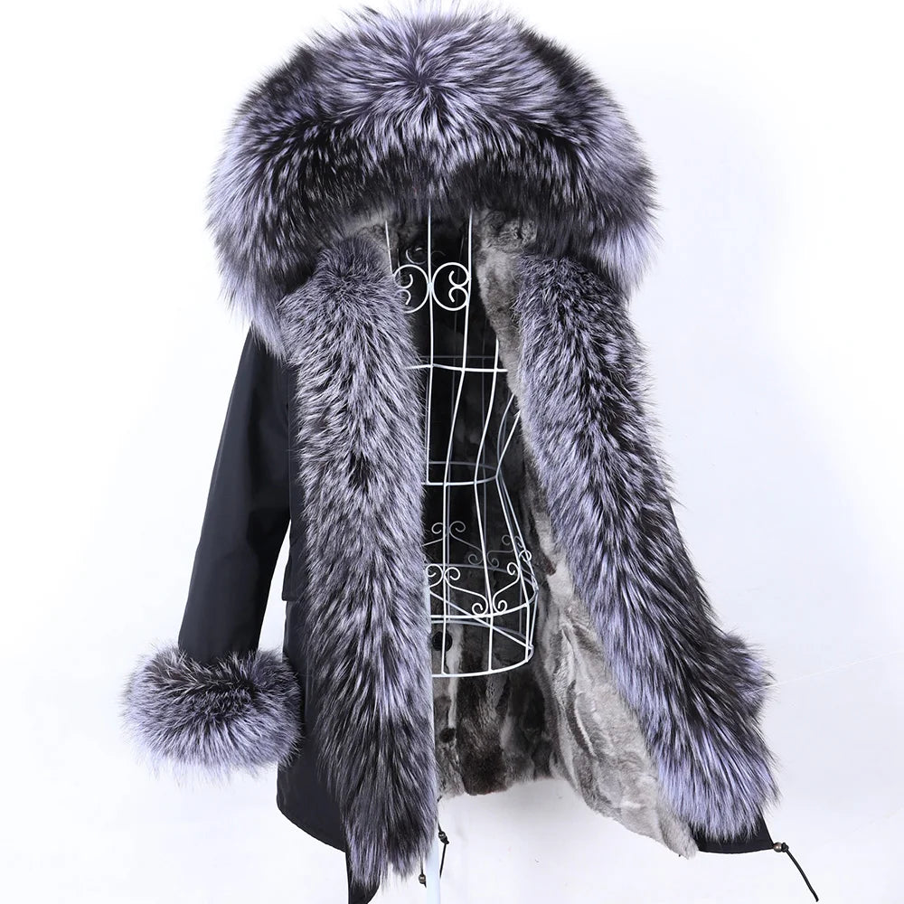 MAOMAOKONG 2023 Abnehmbarer Echtfuchs Pelzkragen Mäntel Damen Winterjacke Kapuze Kaninchenfellfutter Lange Parkas Damenbekleidung