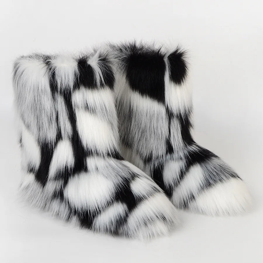 Women's Winter Snow Boots Outdoor Luxury Furry Faux Fox Fur Boots Woman Plush Warm Platform Shoes New Fashion Bottes Big Size 46