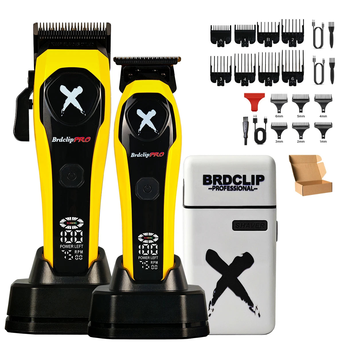 Yellow and black hair trimmer set with attachments on a white background