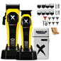 Yellow and black hair trimmer set with attachments on a white background