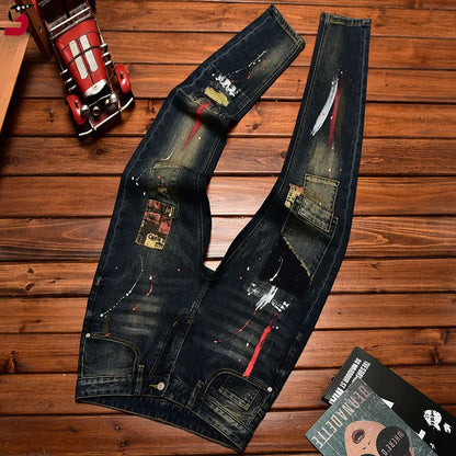 Men's Slim Straight Retro Patchwork Denim Jeans