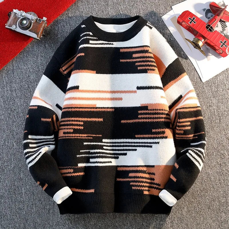 Men's Autumn and Winter Sweater Sweater Round Neck Long Sleeve Thread Contrasting Color Bottoming Shirt Top