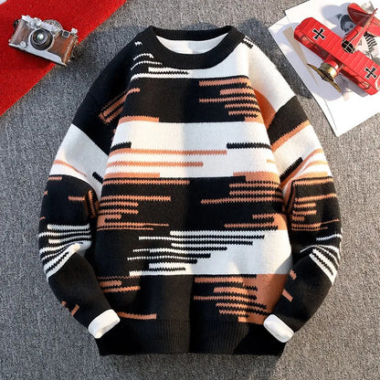 Men's Autumn and Winter Sweater Sweater Round Neck Long Sleeve Thread Contrasting Color Bottoming Shirt Top