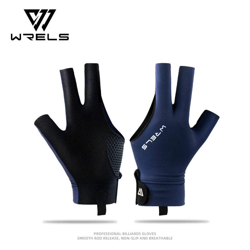 Two billiards gloves, one black and one blue, with Wrels branding on a white background.
