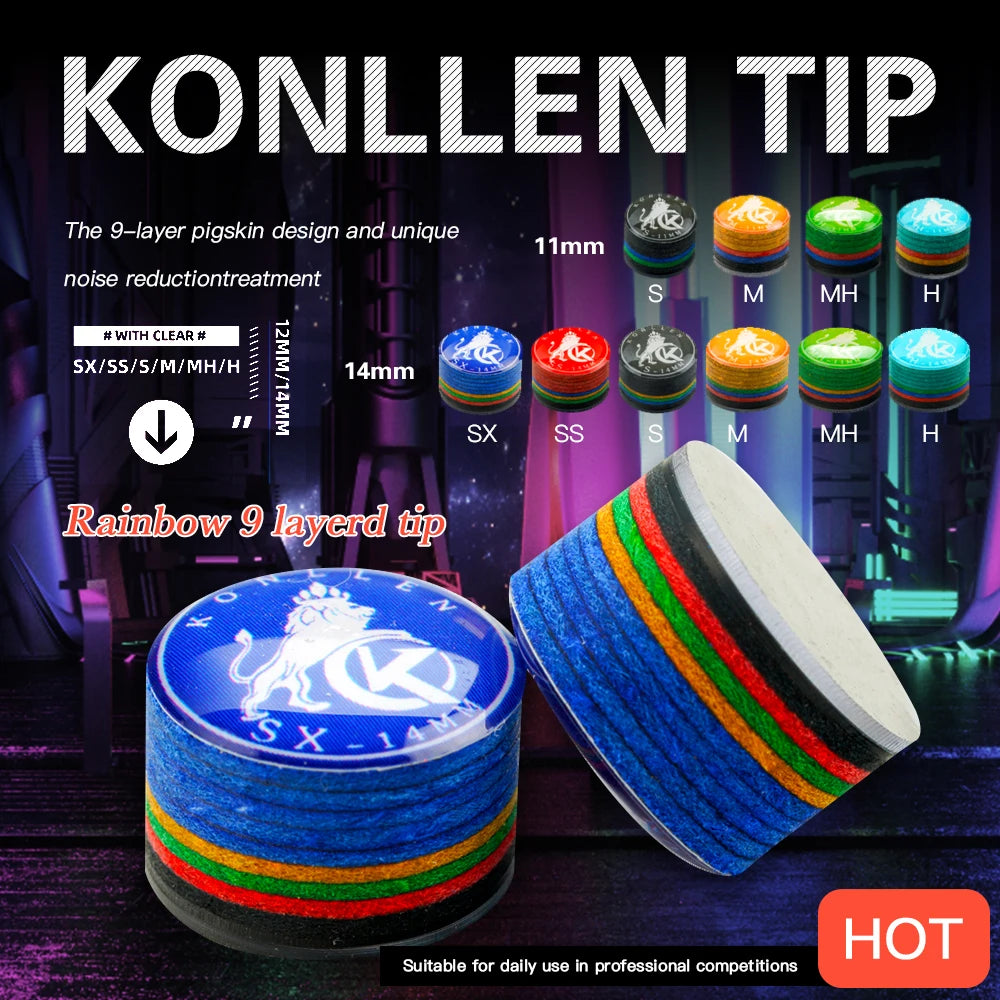 KONLLEN Cue Tips Rainbow Tips 11/14mm Multilayer Cuetips Snooker Hardness S/SS/SX/M/MH/H Pig Skin CRICAL Cue Tip Accessories