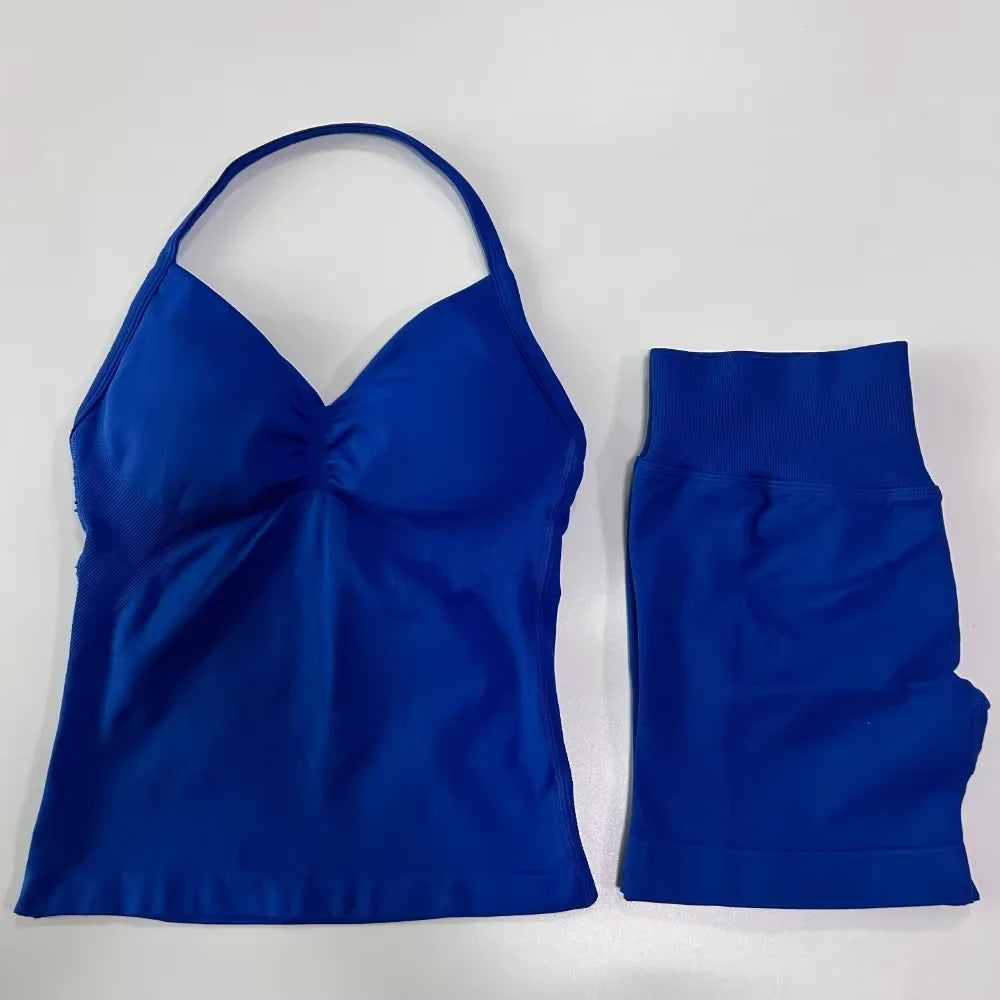 2Pcs Impacts Gym Set Tank Tops High Waist Scrunch Seamless Shorts Gym Suit Fitness Clothes Activewear Workout