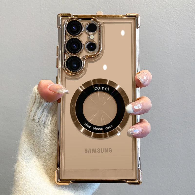 Luxury Plating Magnetic Wireless Charge Case For Samsung S25 S24 Ultra S23 FE S22 Plus S21 Note 20 Clear Lens Protection Cover
