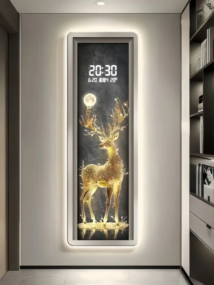 Decorative digital clock with deer design on a wall in a modern interior setting.