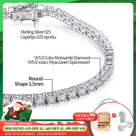 ATTAGEMS 4.0mm 5.0mm DVVS1 Pass Diamond Test Round Cut Moissanite Tennis Bracelet White Gold Plated 925 Silver Jewelry for Women