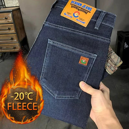 Autumn and Winter Fleece Men's Denim Pants European Style Straight-leg Stretch Loose and Versatile Korean Style Trendy Pants