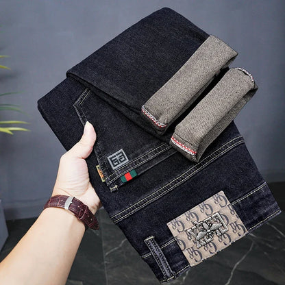 Spring Fashion Elastic Waist Vintage Pant Male Denim Straight High Street Trousers Ripped Soft Stretch Slim Fit Jeans Casual Men