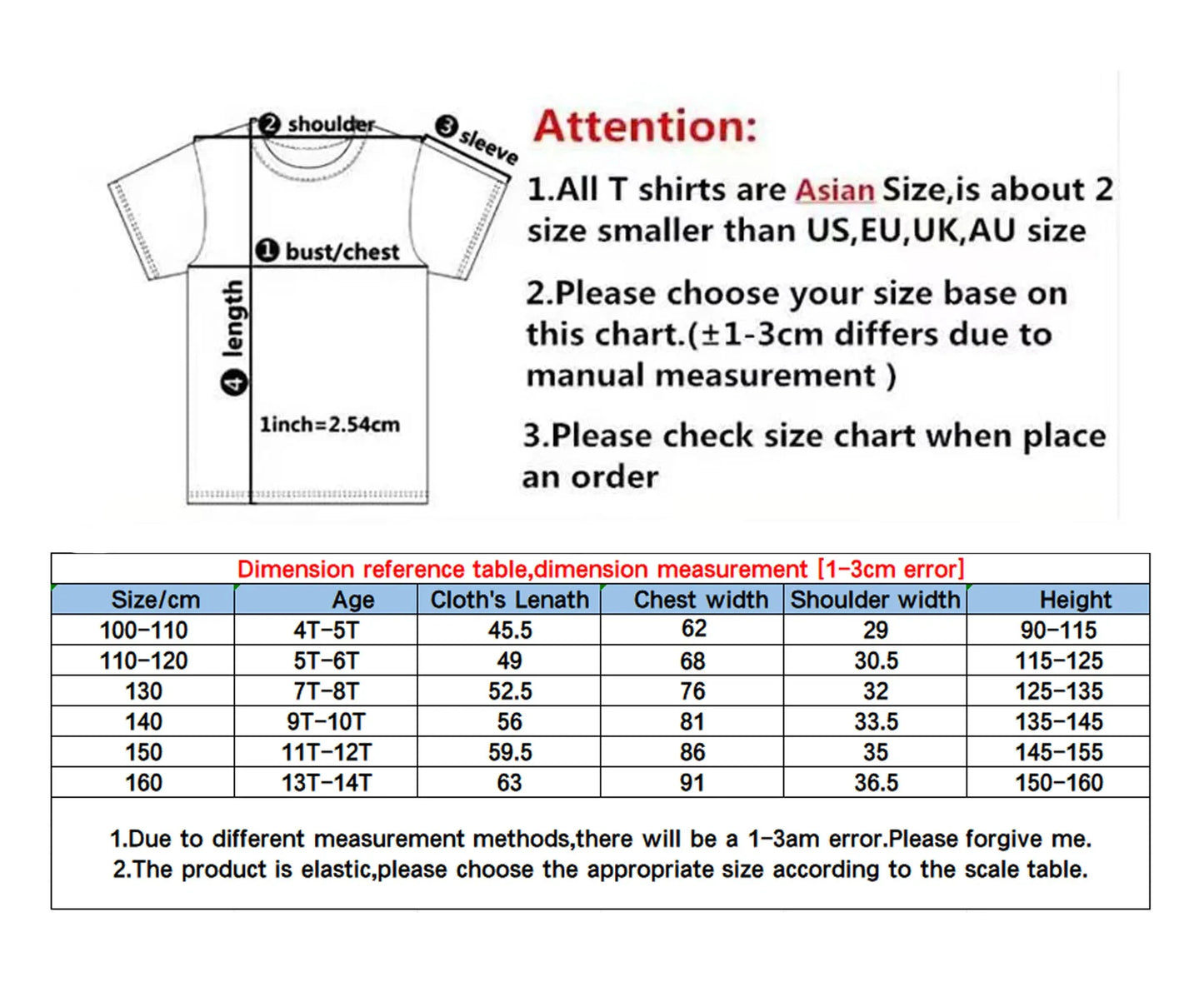 T-shirt size chart with measurements and reference table on a white background