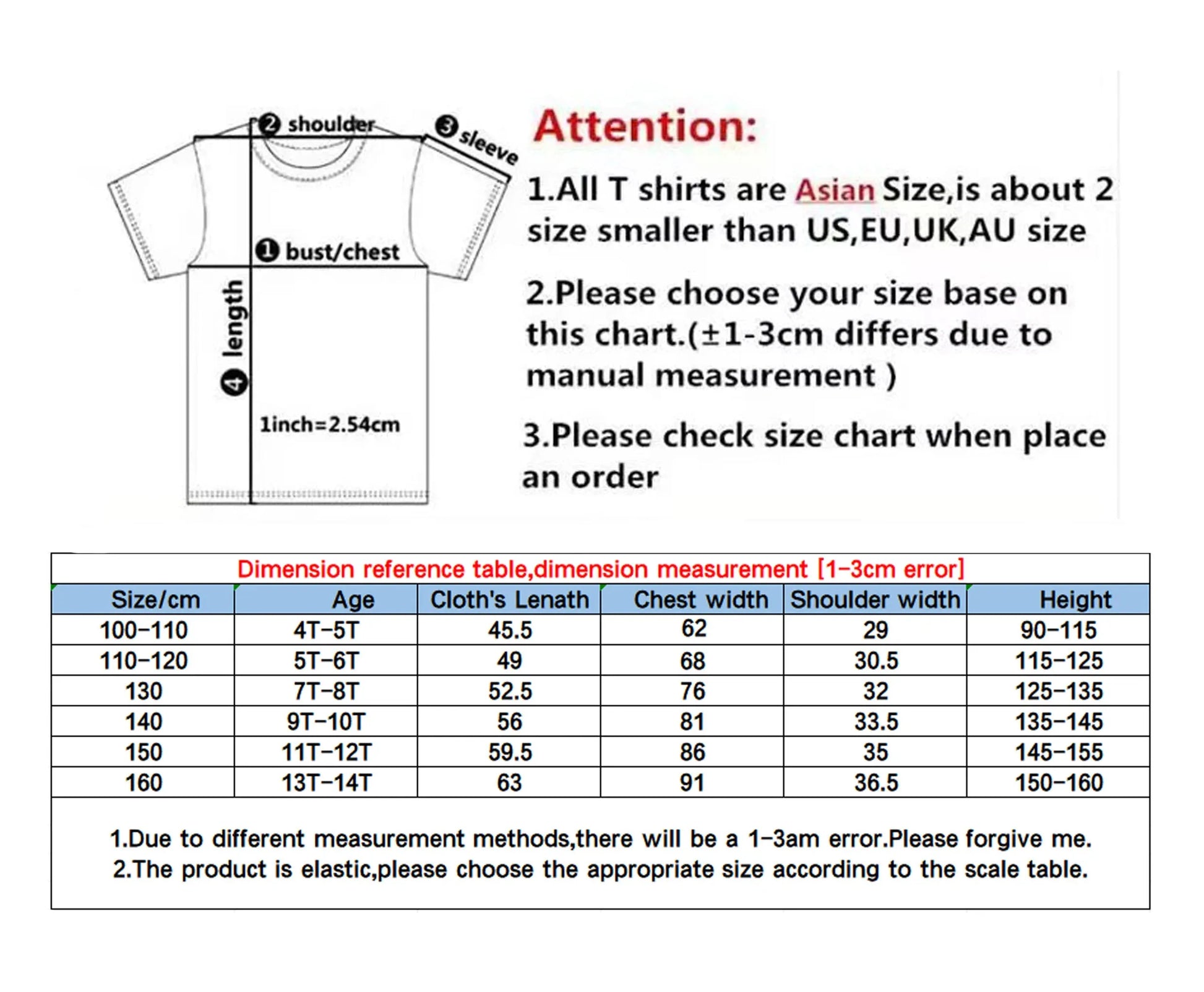 T-shirt size chart with measurements and reference table on a white background