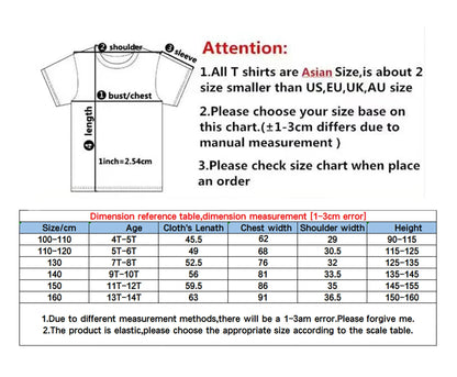 T-shirt size chart with measurements and reference table on a white background