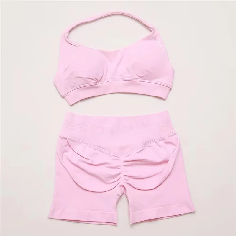 2Pcs Impacts Gym Set Tank Tops High Waist Scrunch Seamless Shorts Gym Suit Fitness Clothes Activewear Workout