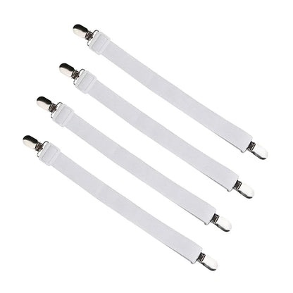4er-Set verstellbare Bettlaken-Befestigungsbänder, elastische Matratzenbezug-Eckhalter-Clips, Greifer, Hosenträger-Kordel, Haken-Schlaufen-Verschlüsse