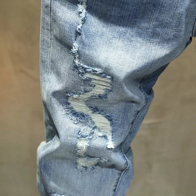 Solid Color Perforated Straight Leg Elastic Jeans Men's Casual High-Quality Jeans