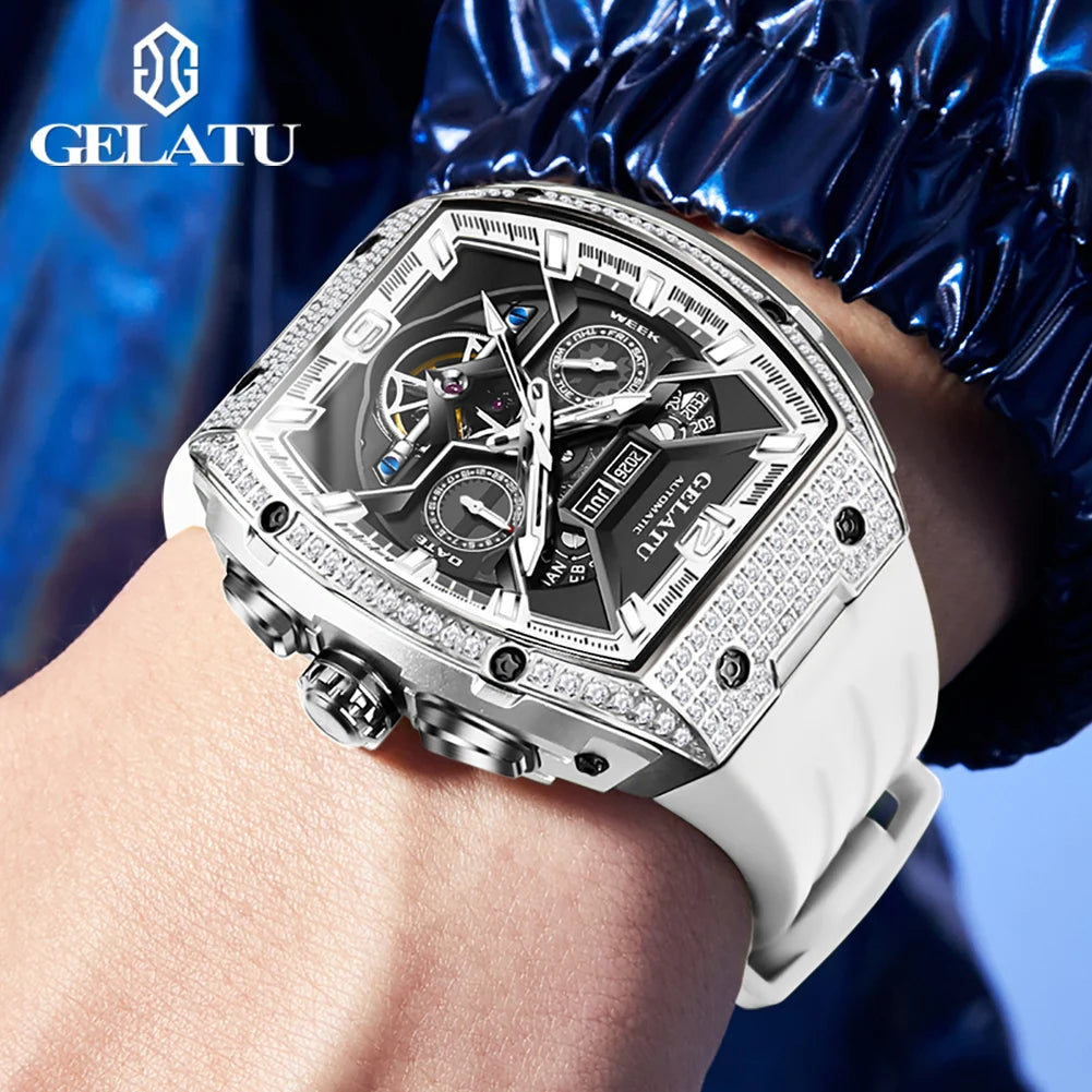 Luxury watch with white strap on a wrist, brand 'GELATU' visible