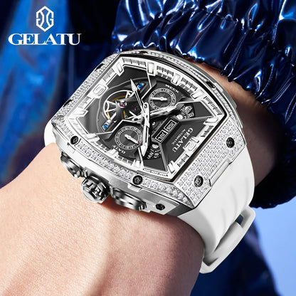 Luxury watch with white strap on a wrist, brand 'GELATU' visible