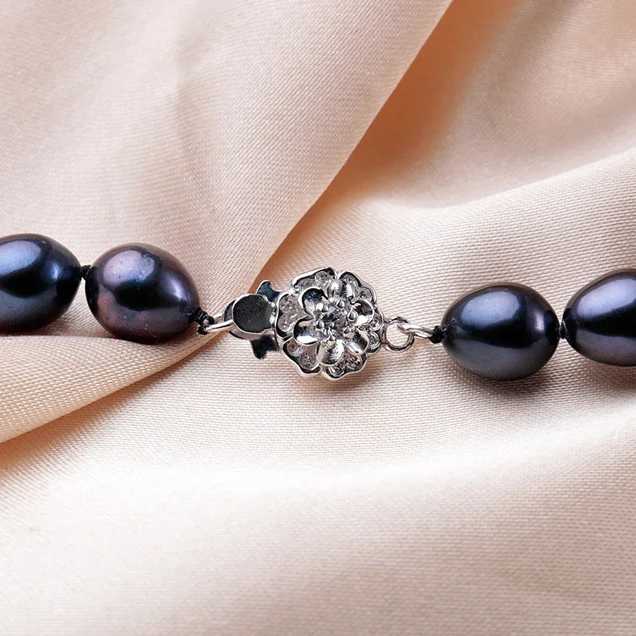 YWYC 8-9mm 11-12mm Black Rice Shape Natural Freshwater Pearl Necklaces for Women 925 Sterling Silver Flower Buckle Jewelry Gift