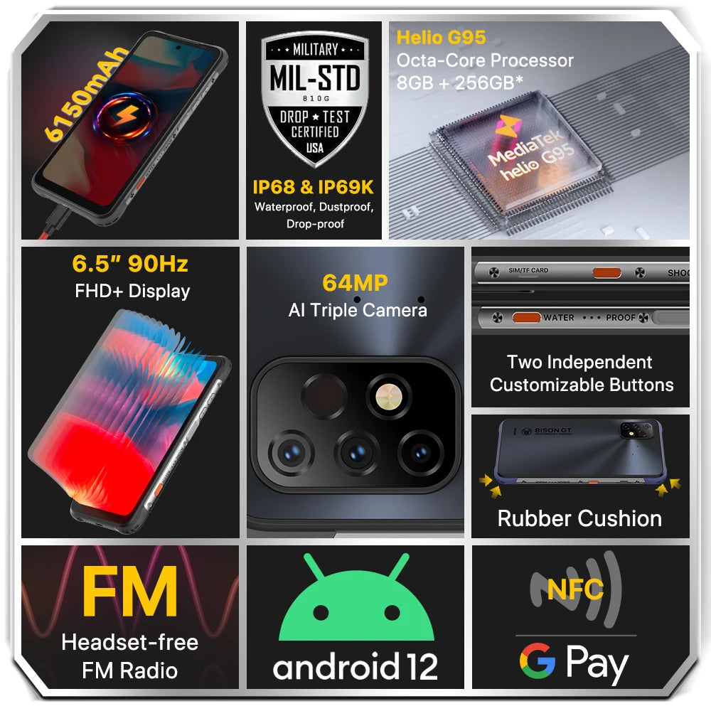 UMIDIGI BISON GT2 PRO Robustes Android-Smartphone Helio G95 6,5" FHD+ 90Hz NFC 64MP Kamera 6150mAh Akku Handy IP68, IP69K