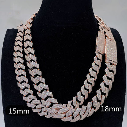 Rose gold chain necklace on a black stand with measurements indicated.