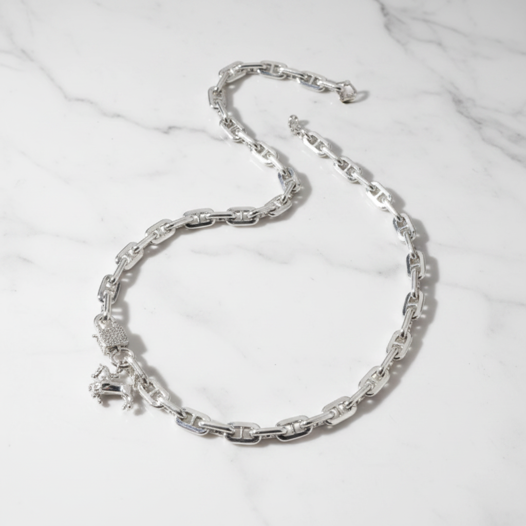 925 Sterling Silver Anchor Chain Necklace Handcrafted Moissanite Clasp 8mm 20
