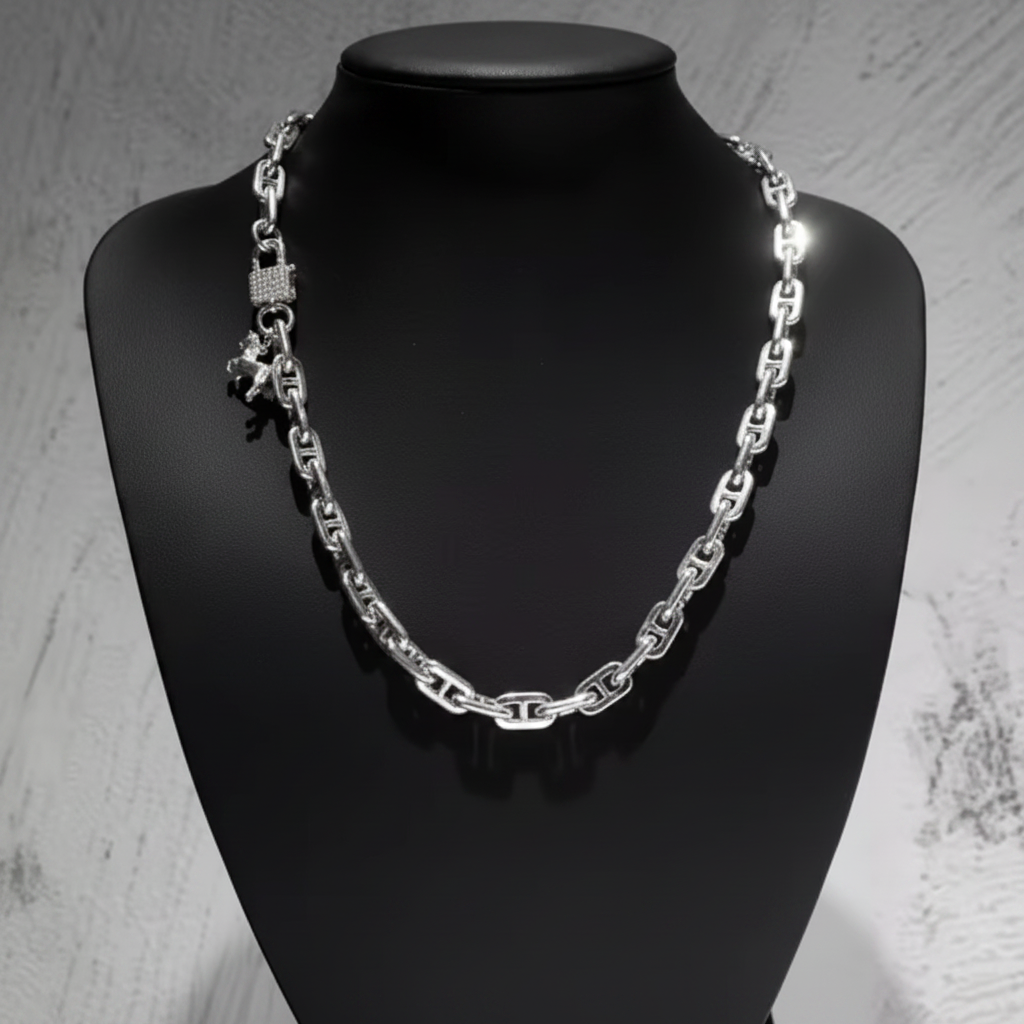 925 Sterling Silver Anchor Chain Necklace Handcrafted Moissanite Clasp 8mm 20