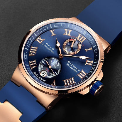 Luxury watch with blue face and rose gold case on a dark background